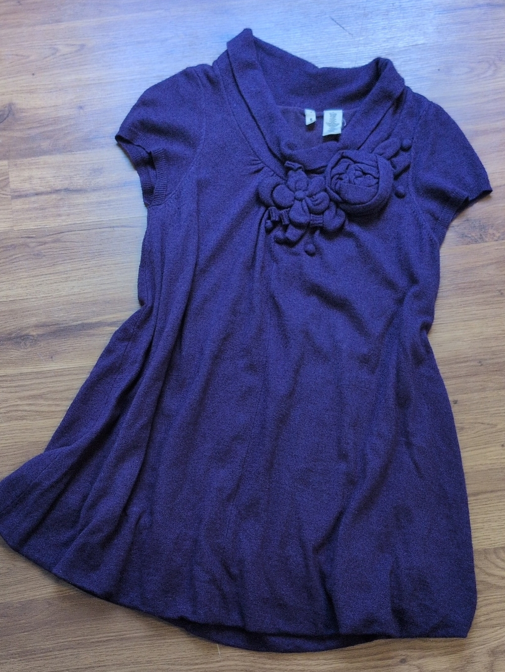 Moth Anthropolgie Purple Short-Sleeve Sweater with Floral Appliqué